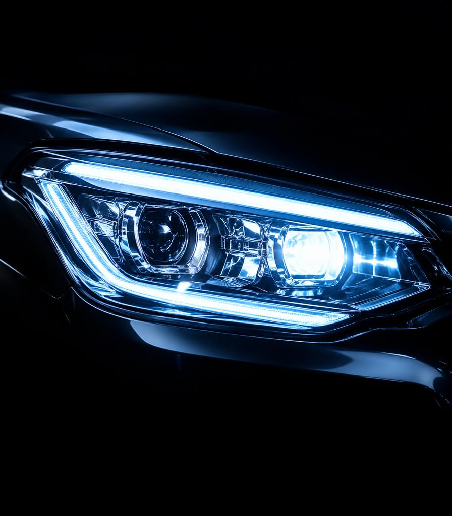 Crystal-clear modern headlight glowing white-blue