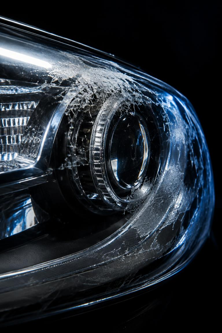 Headlight lens with peeling, crazed clear coat