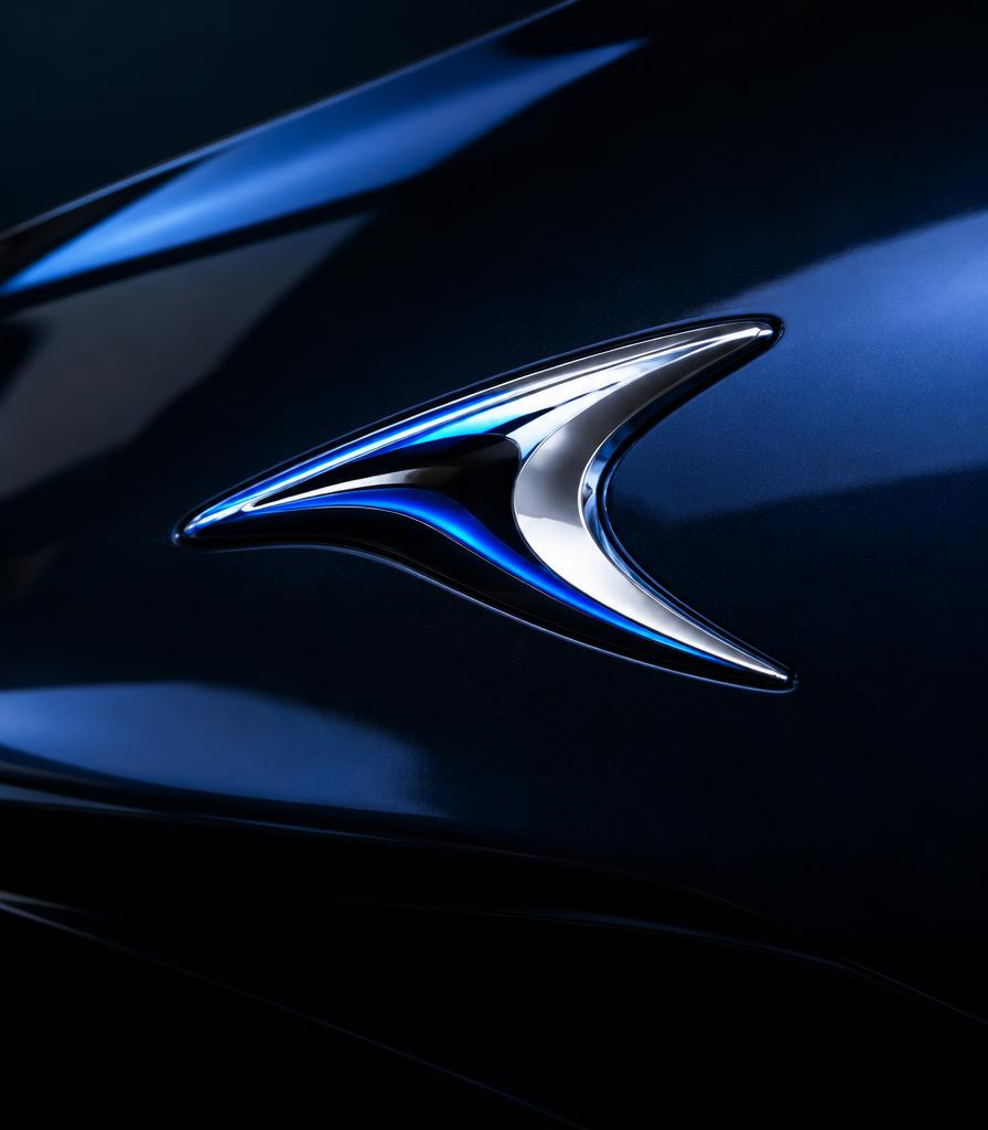Polished chrome car emblem with blue reflections