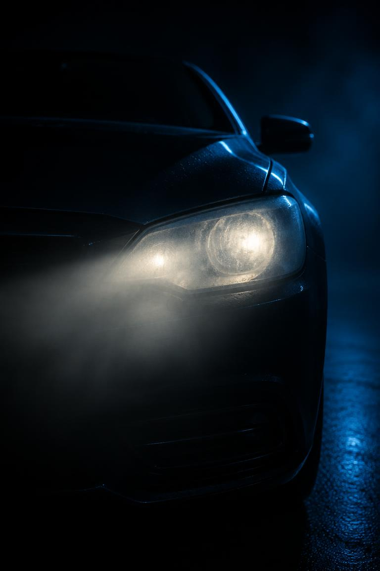 Cloudy, hazy headlight at night with a weak diffused beam