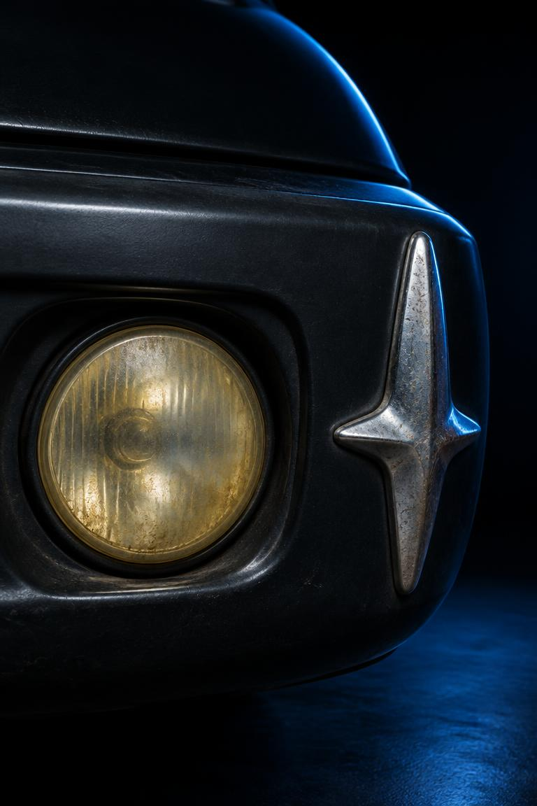 Faded yellowed fog light beside a dull chrome emblem
