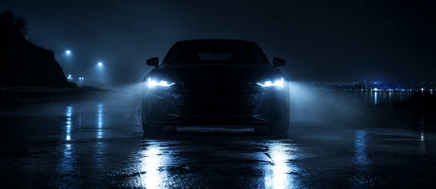 Dark car at night with headlights on, reflecting on wet asphalt
