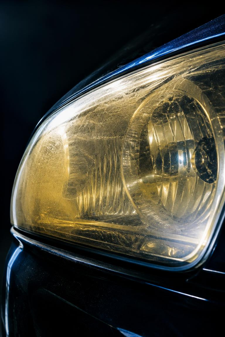 Macro of a yellowed, oxidized headlight lens
